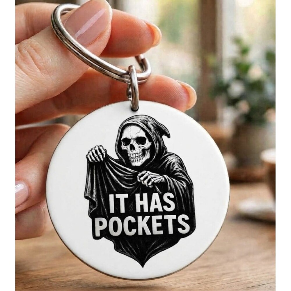 It Has Pocket Skeleton Art Horror Meme Stainless Keychain Art Emoji Funny Cute
